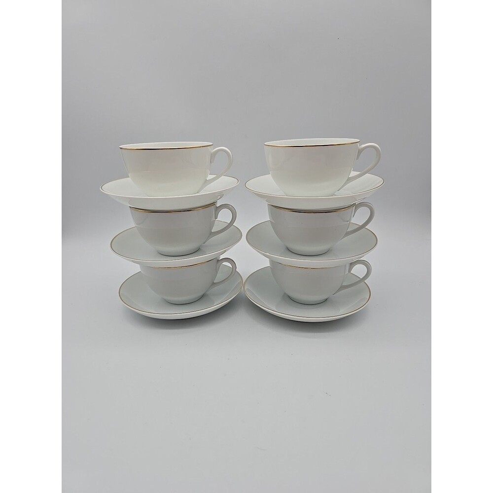 VTG  Noritake Occupied Japan Cup & Saucer Set of 6 White w Gold Trim Bone China